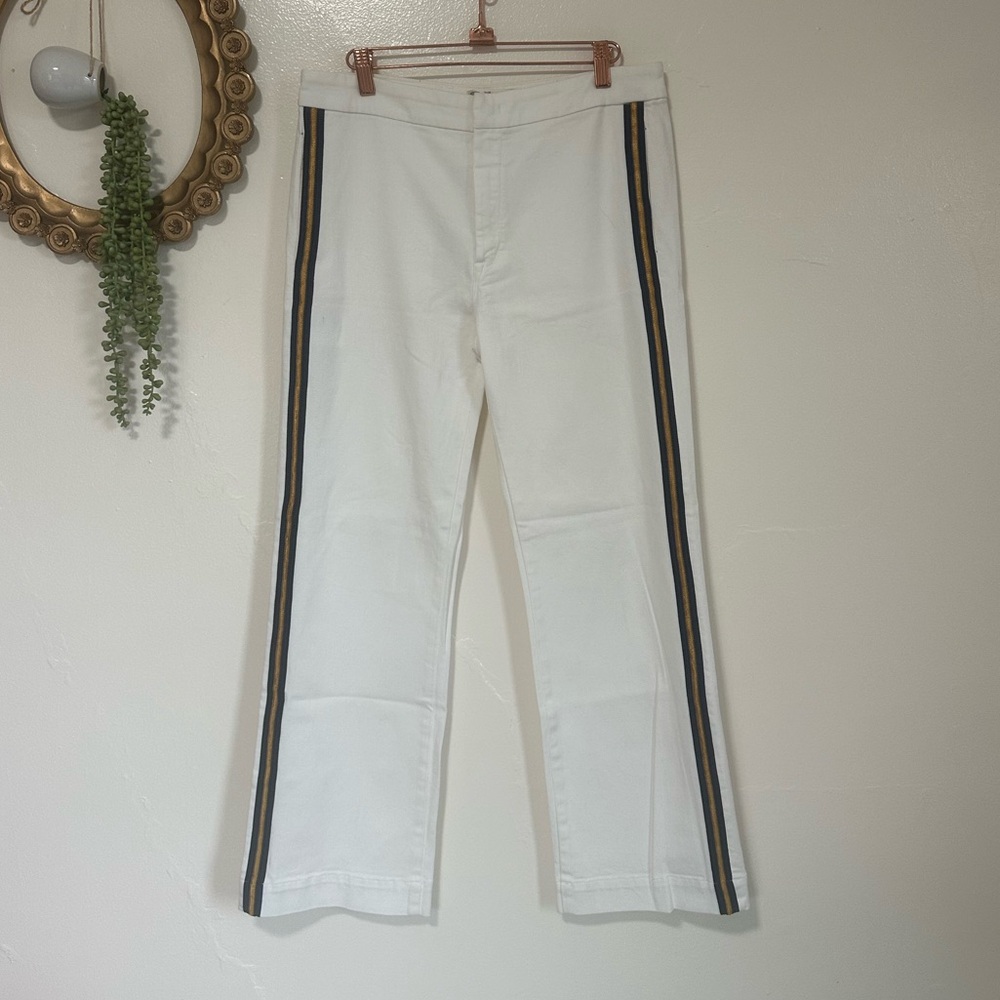 Seafarer Brooklyn Navy Yard White Jeans with Gold & Navy Stripe, Ankle Length